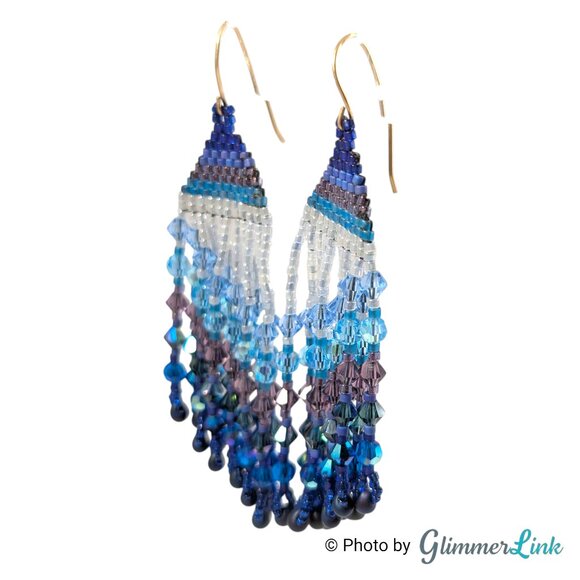 Beaded Fringe Ombre Blue Purple Boho Festival Seed Bead Statement Earrings - Picture 4 of 10